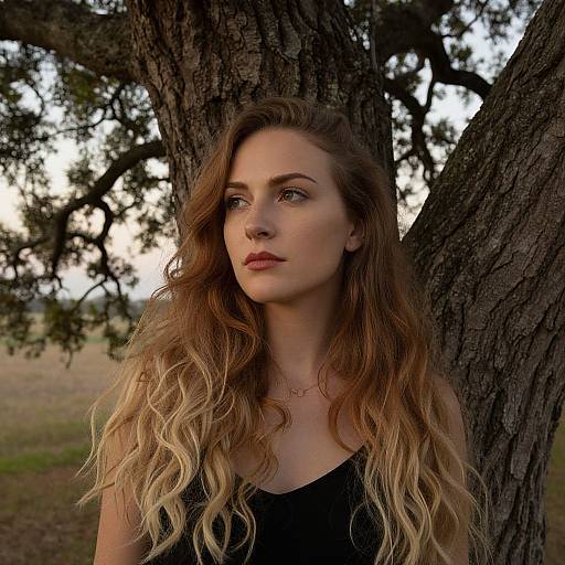 Photograph of a young woman with long, wavy blonde hair, wearing a black top, standing against a tree in a wooded area at sunset,