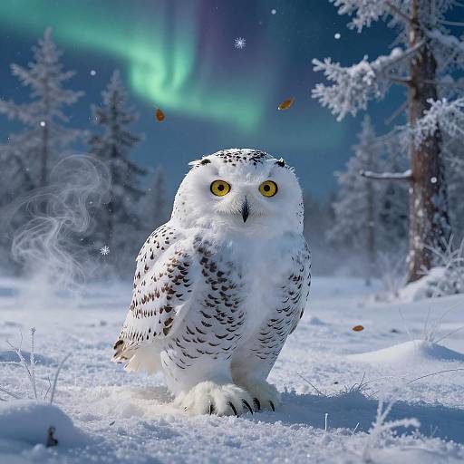 Snowy Owl in Aurora Night Tundra