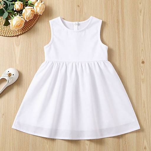 Photograph of a white sleeveless dress with a round neckline, laid flat on a wooden surface, next to peach roses in a wicker basket and