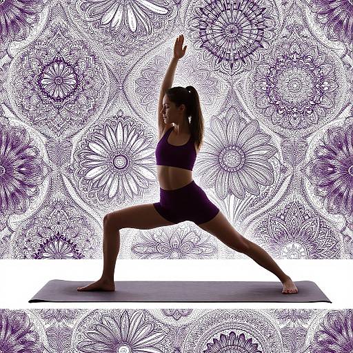 Silhouetted woman in purple sports bra and shorts, performing a yoga warrior pose on a mat, against a detailed purple floral background. Digital art