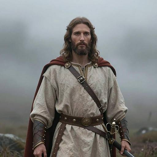 Photograph of a bearded, long-haired man in medieval attire, wearing a beige tunic, brown belt, and red cloak, standing in a