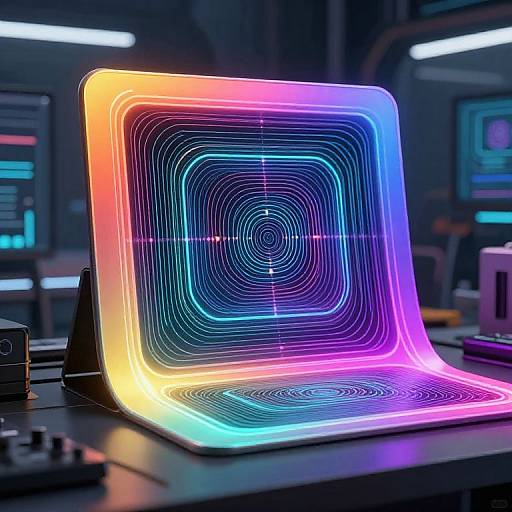 Neon-lit, glowing, multi-colored, concentric circle display on a sleek, futuristic desk in a dimly lit tech lab. Digital art