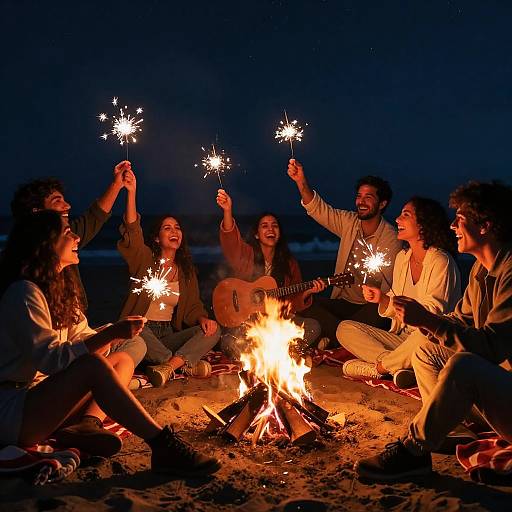 Photograph of six friends sitting around a campfire at night, laughing and holding sparklers, with guitars and sandy beach background.