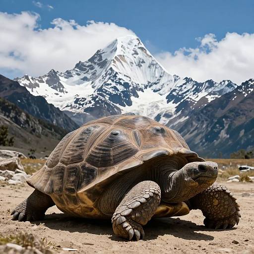 Photograph of a large tortoise with textured brown shell in foreground, snowy mountain peak under blue sky in background.
