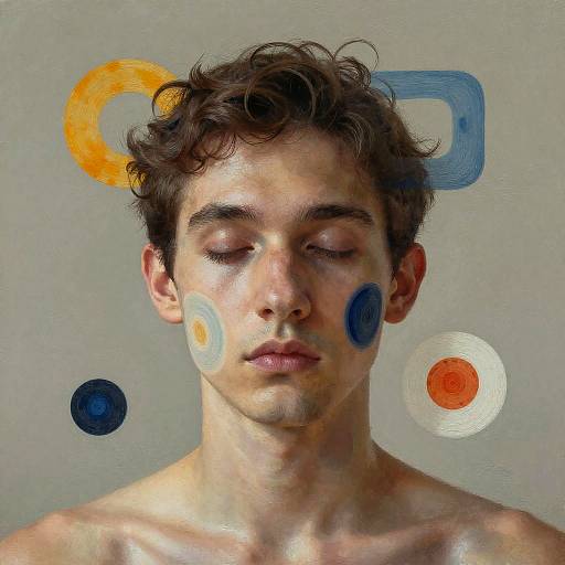 Photorealistic digital portrait of a young, shirtless man with curly brown hair, closed eyes, and face paint featuring geometric shapes, against a muted