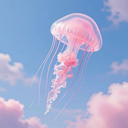 Photorealistic digital image of a pink jellyfish with translucent tentacles floating in a clear blue sky with fluffy white clouds.