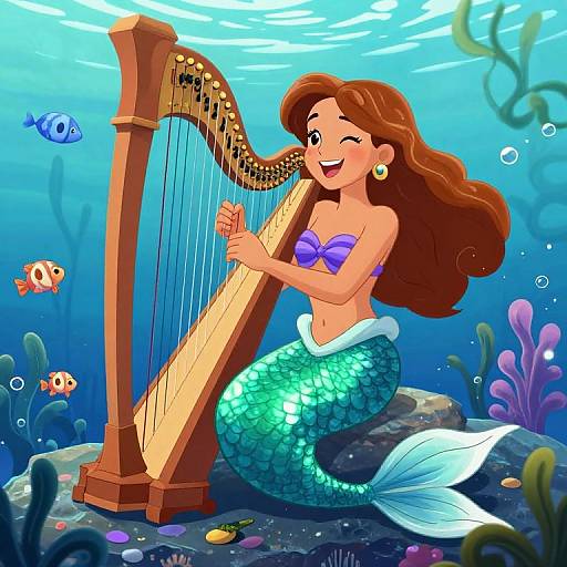 Mermaid with brown hair and purple bikini top plays a wooden harp underwater, surrounded by colorful fish and coral. Digital illustration.