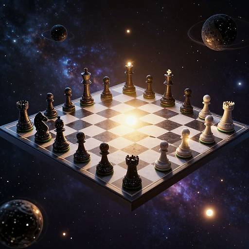 Cosmic chessboard with black and white pieces glowing under a bright star, floating in a starry, galaxy-filled space.