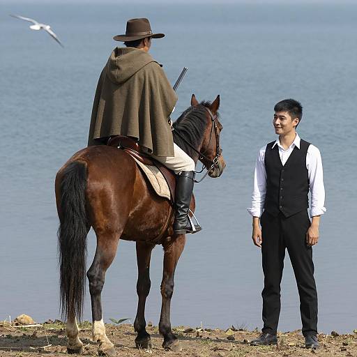 Two Men by the Lake with Horse and Gun