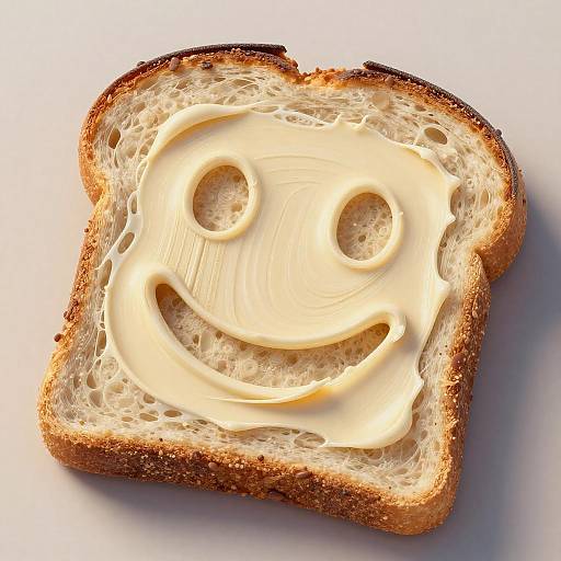 Photograph of toasted bread with creamy white butter, featuring two circular and one curved cutout, resembling a smiling face.