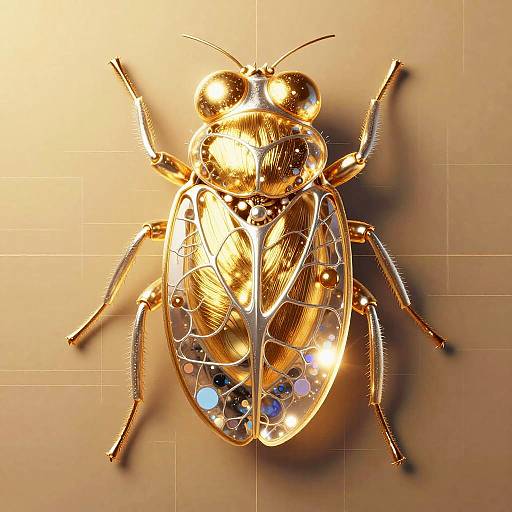 Photograph of a golden, intricately detailed, metallic cockroach with glowing blue segments, displayed against a light brown, grid-patterned background.