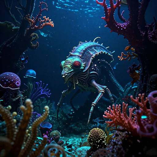 Photorealistic underwater scene: Bioluminescent alien creature with spiky exoskeleton and glowing red eyes amidst vibrant coral, colorful fish, and