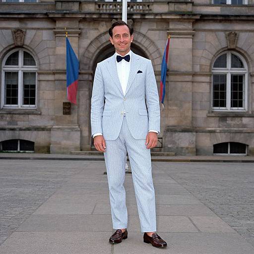 Photograph of a smiling man in a white pinstripe suit, black bow tie, and brown shoes, standing in front of a stone building with