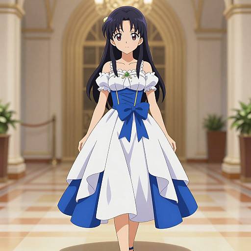 Anime-style digital illustration of a young woman with long black hair, wearing a white and blue off-shoulder dress with a large blue bow, standing