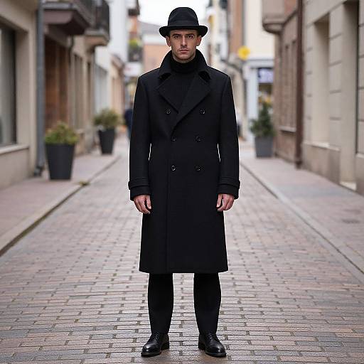 Photograph of a serious, fair-skinned man in a black long coat, black hat, and black pants standing on a cobblestone street.