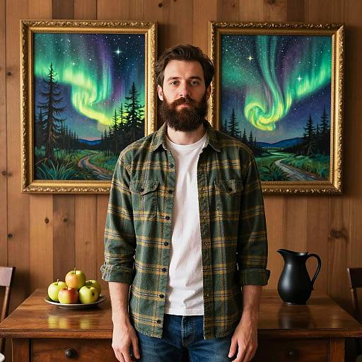 Photograph of bearded man with green plaid shirt and white tee, standing in wooden room with aurora paintings, apple bowl, and black pitcher