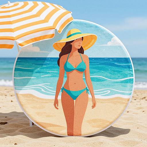 Photograph of a woman in a turquoise bikini and sunhat, reflected in a clear beach ball, with a striped umbrella and ocean backdrop.
