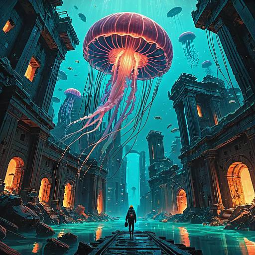 Giant Bioluminescent Jellyfish Over Underwater City Ruins