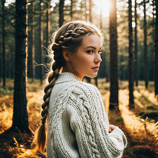 Woman with Nordic Braid in Wool Sweater in Forest