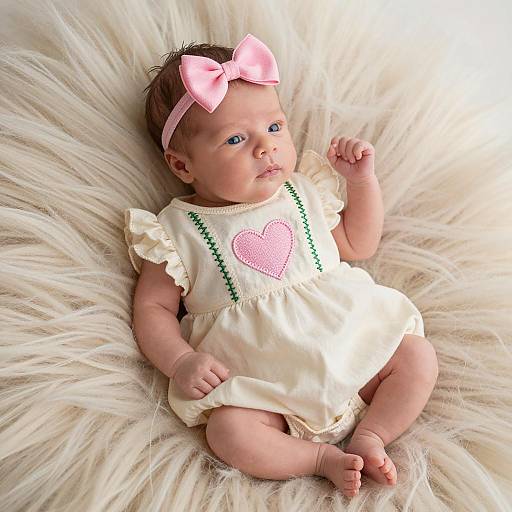 Newborn Baby Girl in Cream Dress with Pink Bow