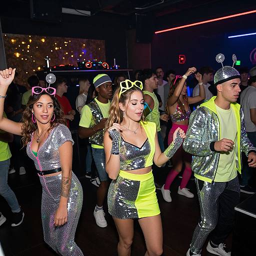Photograph of a lively nightclub dance floor featuring three people in sequined, neon-yellow outfits with matching hats and sunglasses, surrounded by a diverse, energetic