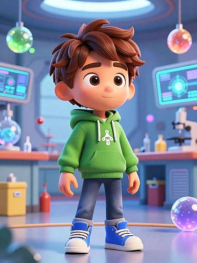CGI cartoon boy with brown hair, green hoodie, blue jeans, and blue sneakers, standing in a futuristic lab with glowing orbs and monitors.