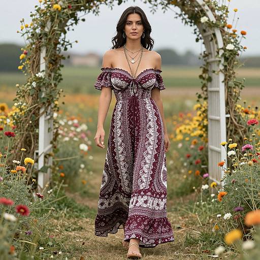 Photograph of a dark-haired woman in an off-shoulder, patterned purple and white dress, walking through a flower-filled garden archway.