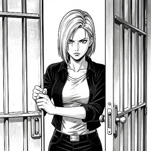 Black-and-white manga-style drawing of a serious, short-haired woman in a black jacket and white shirt, gripping a door handle.