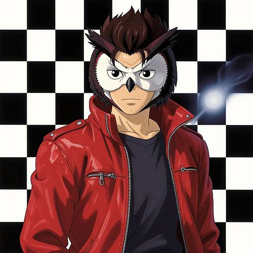 Anime-style drawing of a serious young man with owl mask, red leather jacket, black shirt, against black-and-white checkerboard background.