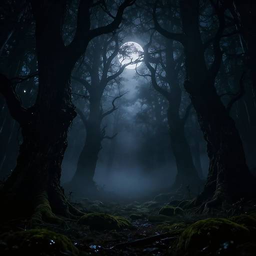 Mysterious, moonlit forest scene with dark, twisted trees, misty atmosphere, glowing moon partially obscured by branches, and moss-covered ground. Digital