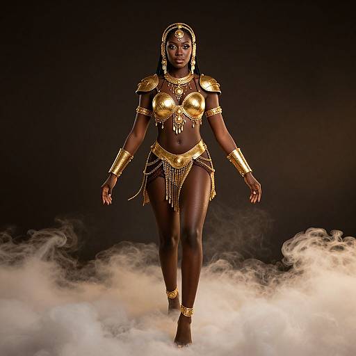 Photograph of a dark-skinned woman in golden ancient Egyptian-style armor and jewelry, walking through mist against a black background.