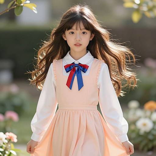 Photograph of a young Asian girl with long brown hair, wearing a white long-sleeve shirt and pale pink dress with a blue and red ribbon