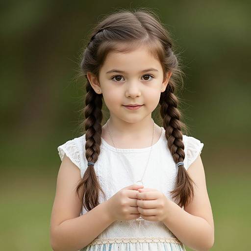Photograph of a young Latina girl with dark braided hair, wearing a white lace dress, standing in a green, blurred outdoor background.