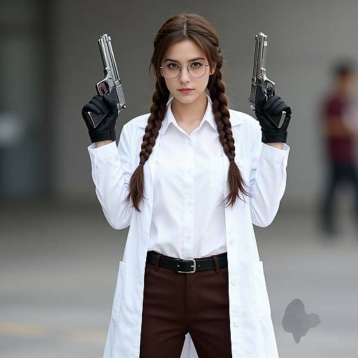 Photorealistic digital image of a young woman with long braids, wearing glasses, a white lab coat, black gloves, and dark pants, holding