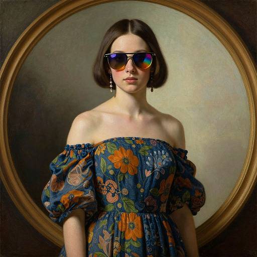 Photograph of a fair-skinned woman with short brown hair, wearing reflective sunglasses, an off-shoulder floral dress, and dangling earrings, set