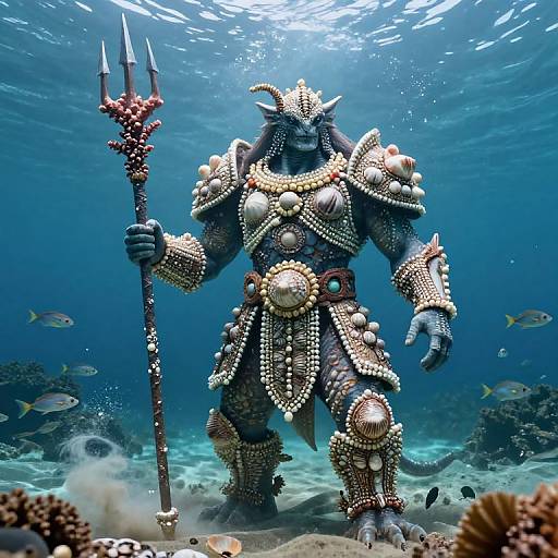 Photorealistic CGI of a muscular, armored underwater demon holding a trident, adorned with pearls and jewels, surrounded by fish and coral.