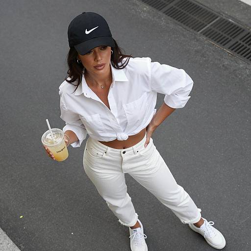 Woman in White Outfit Holding Yellow Drink