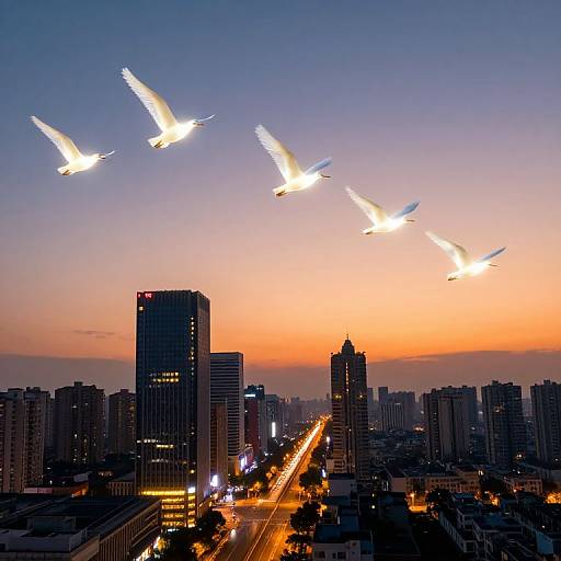 Glowing White Birds Over Cityscape