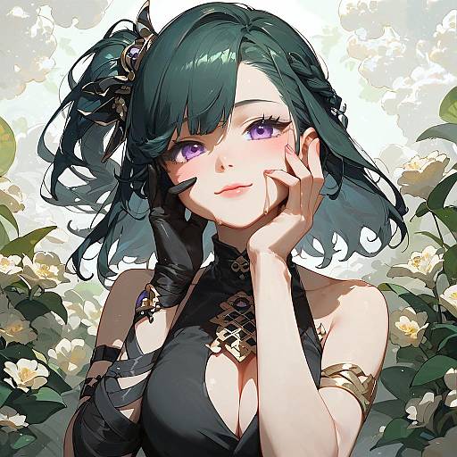 Digital anime-style drawing of a green-haired woman with purple eyes, black dress, gold accessories, touching her cheek among white flowers.