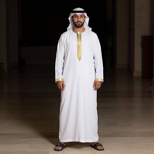 Photograph of a Middle Eastern man in a white traditional thobe with gold trim, white headscarf, black sandals, standing against a dark background