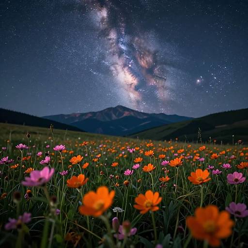 Photograph of a starry night sky with the Milky Way over a field of vibrant orange and pink flowers, backed by dark hills.