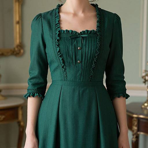 Photograph of a woman in an emerald green Victorian-style dress with ruffled shoulders and buttoned bodice, standing in an elegant, softly lit
