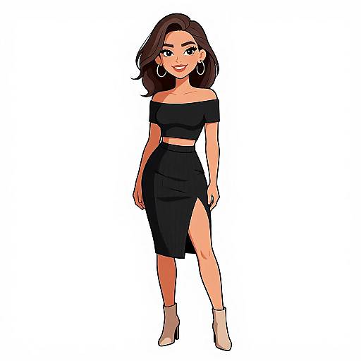 Digital illustration of a smiling woman with fair skin, dark brown shoulder-length hair, wearing a black off-shoulder crop top, high-waisted