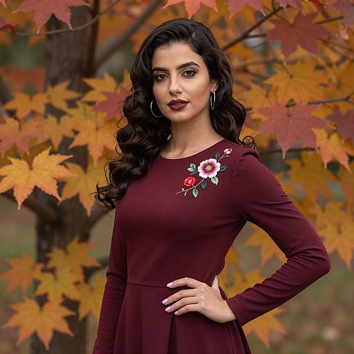 Elegant woman in burgundy dress with autumn leaves