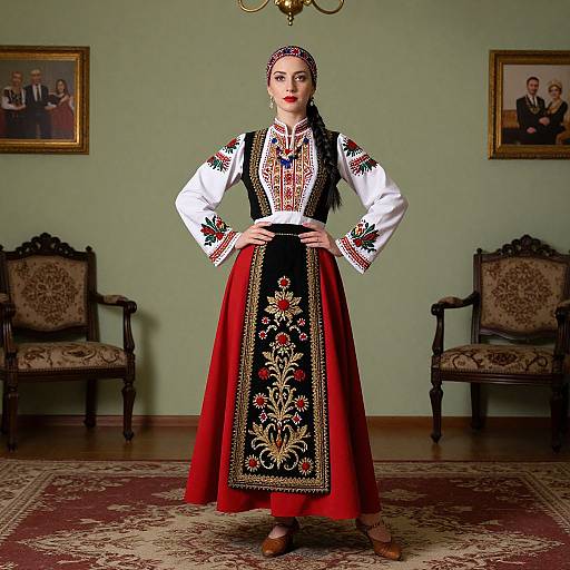 Photograph of a woman in traditional Eastern European folk attire, standing in a room with green walls, ornate chairs, and framed portraits.