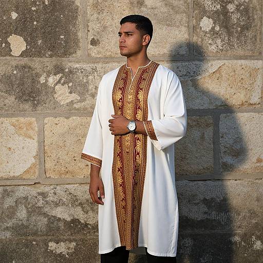 Elegant Man in Ornate Robe by Stone Wall