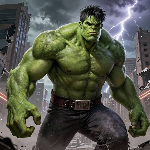 Digital artwork of muscular, green-skinned Hulk with black hair, wearing dark pants, standing in a stormy cityscape with lightning, skyscrapers