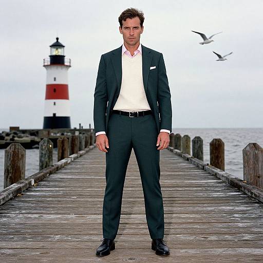 Photograph of a handsome man in a black suit, white shirt, and black shoes standing on a weathered wooden pier, with a lighthouse and
