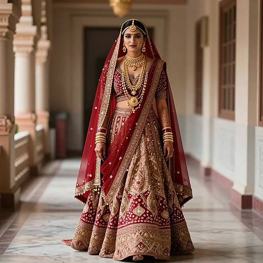 Photograph of a South Asian bride in a red and gold traditional lehenga with a sheer veil, ornate jewelry, standing in a sunlit,