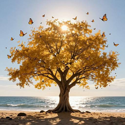 Photograph of a sunlit, golden-leaved tree with orange butterflies flying around, standing on a sandy beach with a bright sun and ocean in the